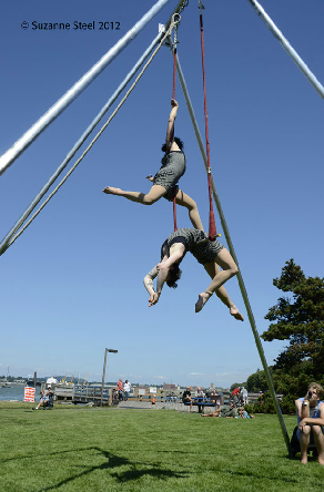 Two women on a trapeze in matching striped jumpers.