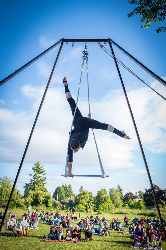 Photo of a woman doing a handstand on a trapeze bar.